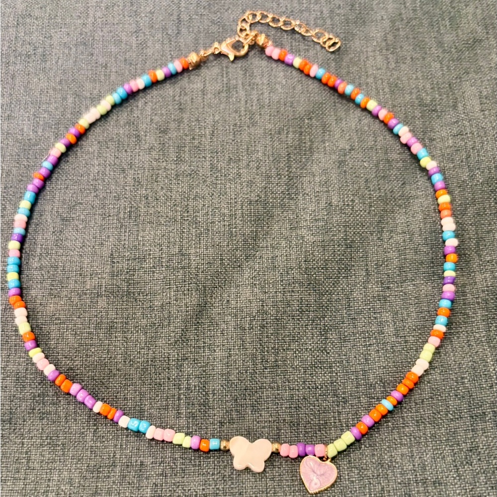 Multicolor Beaded Women's Necklace with Butterfly & Heart Charms